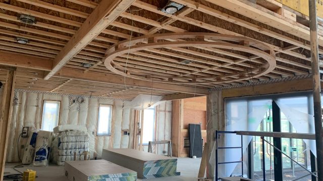 Ceiling framing and insulation before drywall installation, Victoria BC